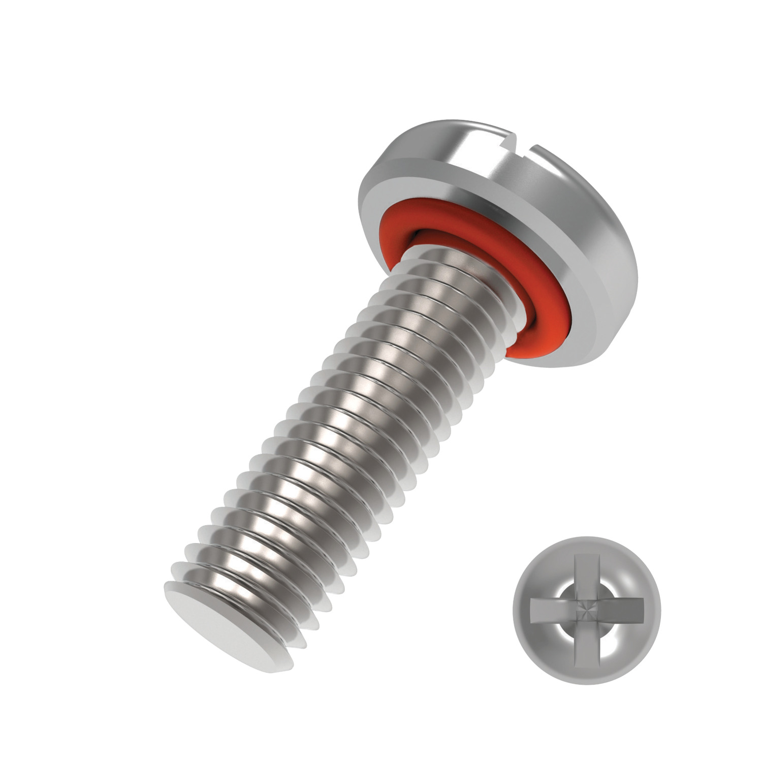 silver coloured sealing screw with red sealing ring and thread under head and all the way down the shaft of  the screw